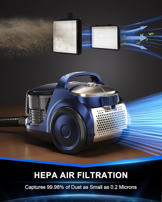Bagless Canister Vacuum Cleaner,1600W Powerful High-Suction Bagless Canister Vac with 4.5QT Dust Cup,Pop-N-Go Brush,HEPA Filter,Dual Motors&4 Cleaning Tools,Perfect for Low-Pile Carpets&Hard Floors