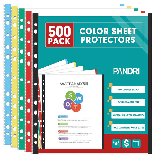 Sheet Protectors, PANDRI 500 Pack Color Heavy Duty Plastic Page Protectors Sheet Reinforced 11-Hole Fit for 3 Ring Binder Fits Standard 8.5 x 11 Paper, 9.25 x 11.25 Top Loaded, Excluding Acid