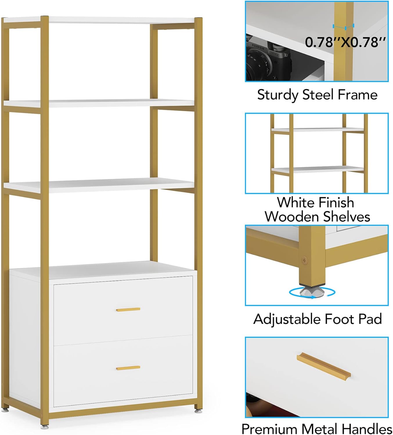 Tribesigns Bookcase, 4-Tier Bookshelf with 2 Drawers, Etagere Standard Book Shelves Display Shelf for Home Office (Gold/White)