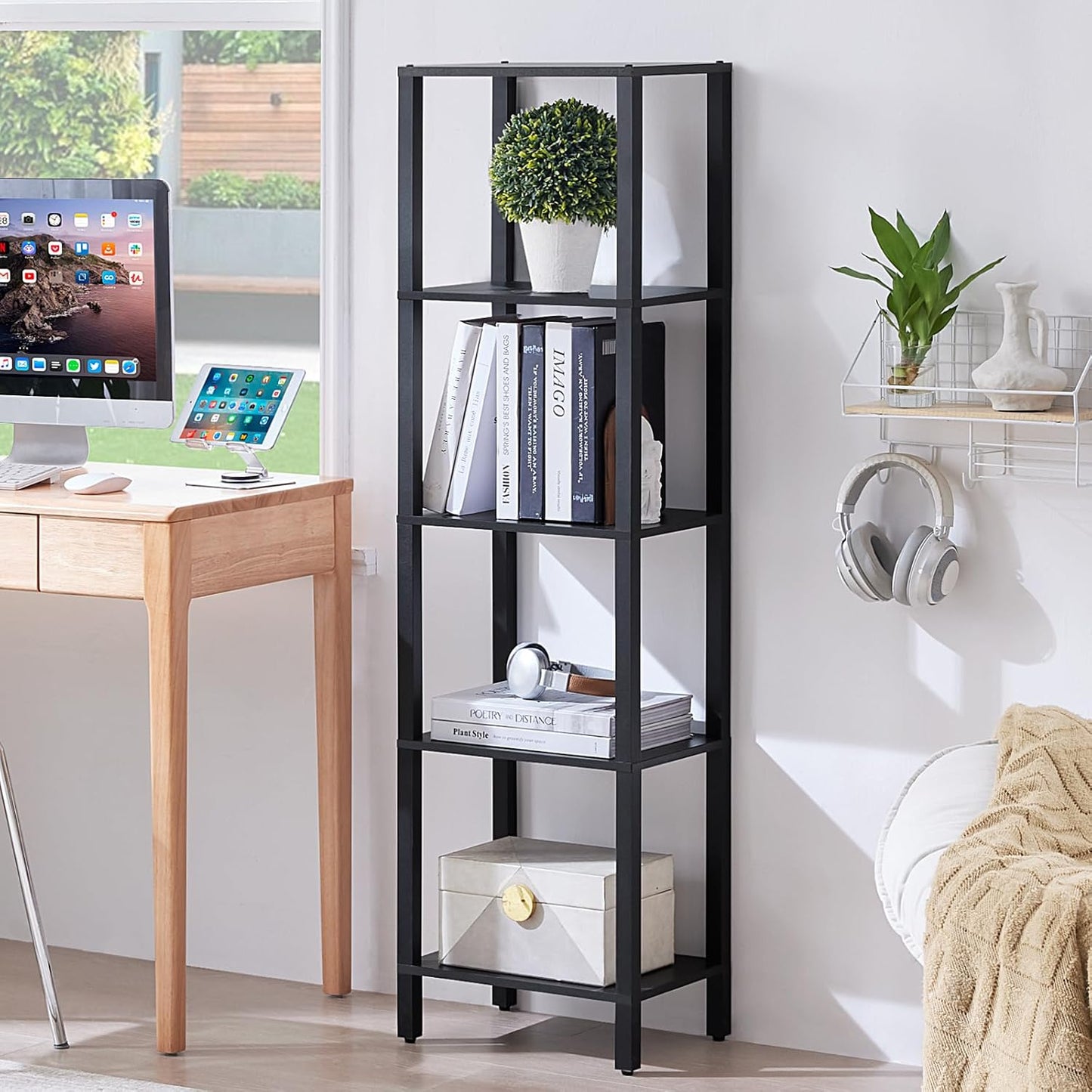 54in Tall Bookshelf 5-Tier Small Narrow Bookcase, Skinny Book Shelf for Small Space, Farmhouse Slim Shelf with Storage, Wood Freestanding Display Thin Bookshelves for Living Room, Office, Black