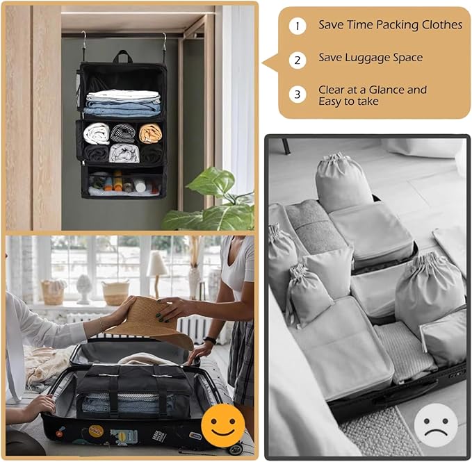 Large Capacity Hanging Organizer - Travel, Suitcase Compression, Luggage Packing, Clothes Closet, Portable Storage Shelves, Includes Shoe Bag