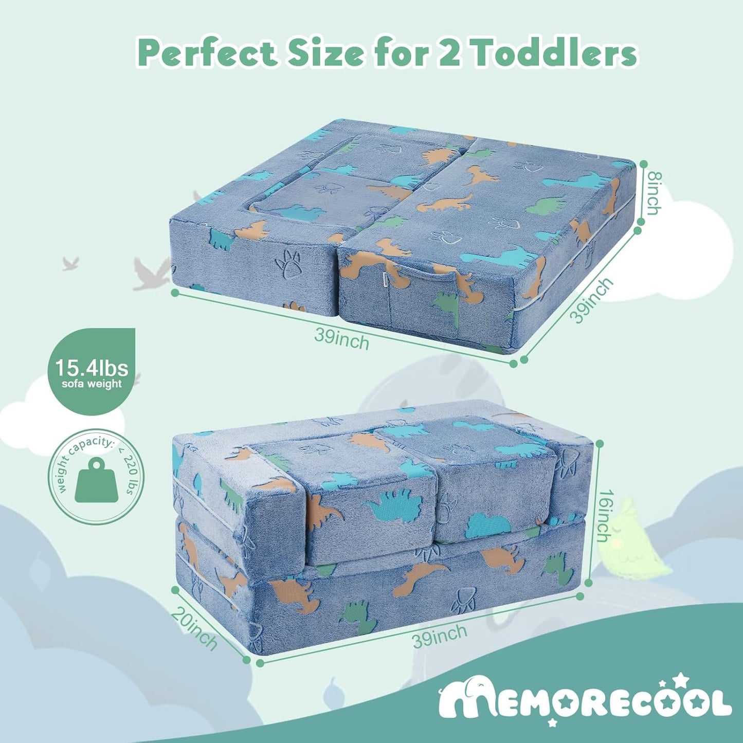 MeMoreCool Modular Kids Couch Dinosaur, Glow Dino Play Toddler Couch for Bedroom, Convertible Foam Kids Sofa Bed, Fold Out Baby Sofa for Girl Boy