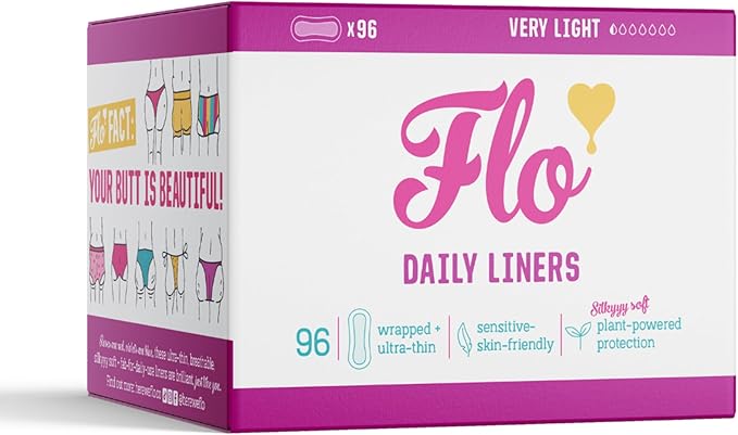 Flo - Daily Liners (96 Pack) Very Light Flow - Wrapped, Ultra-Thin - Natural, Absorbent, Soft & Breathable - Made with Organic Bamboo - Panty Liners for Women - Fragrance Free - Vegan & Cruelty Free