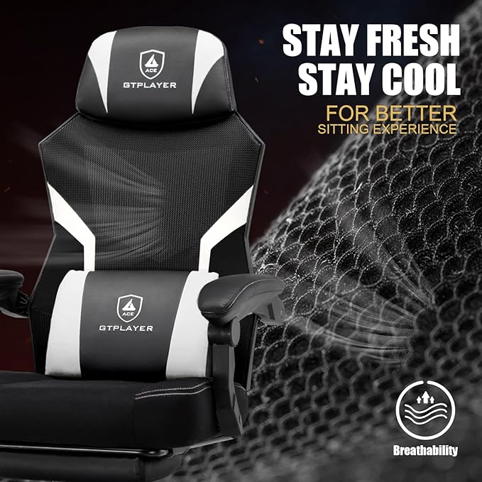 GTPLAYER Gaming Chair, Mesh Office Chairs with Footrest for Adults, Big and Tall Gamer Ergonomic Computer Chair with Height Adjustable (White)