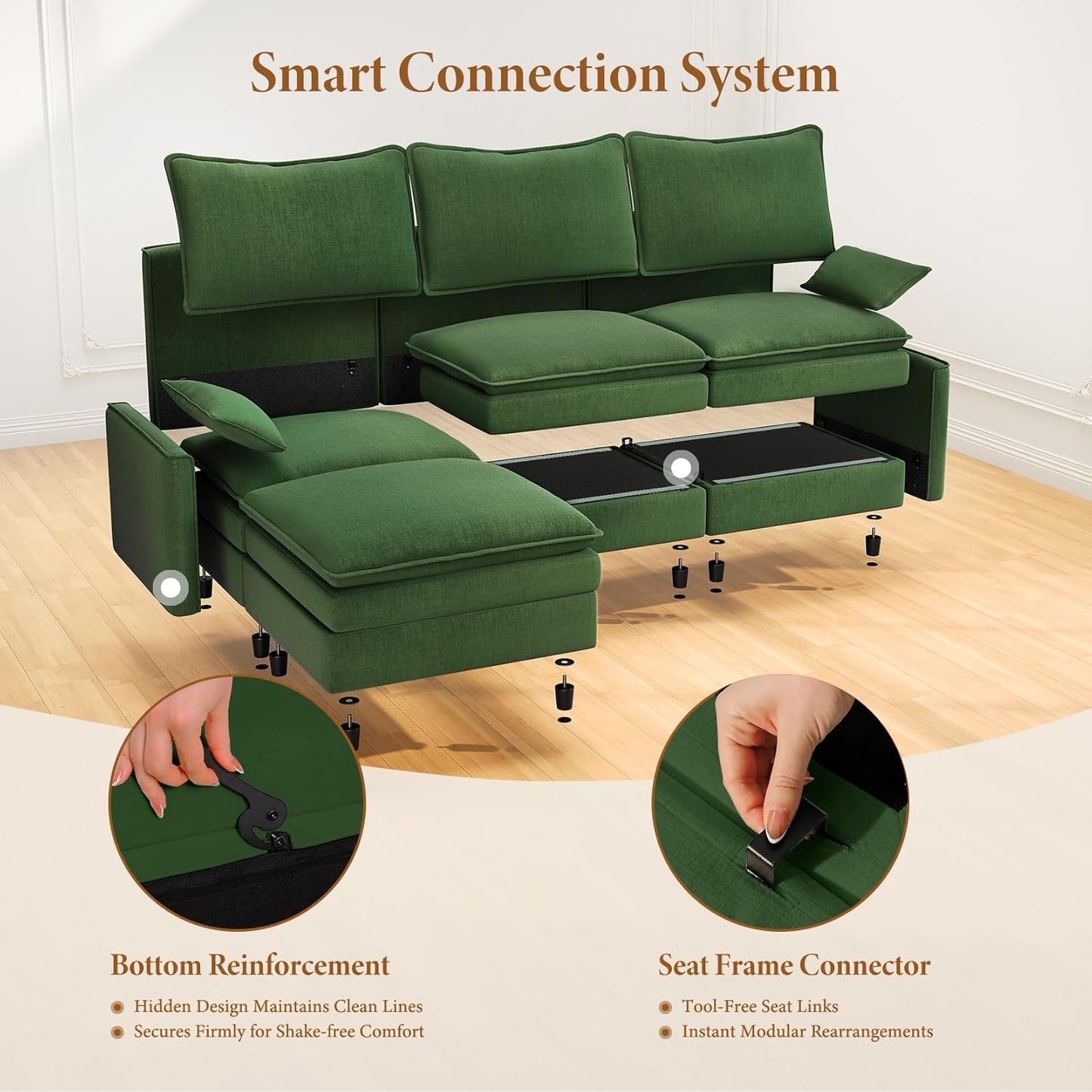 Vesgantti 108" Modular Sectional Sofa, Comfy Cloud Couch with Movable Ottoman Deep Seat Chenille L Shaped Modular Sofa, Sectional Couches for Living Room, Bedroom and Apartment, Green