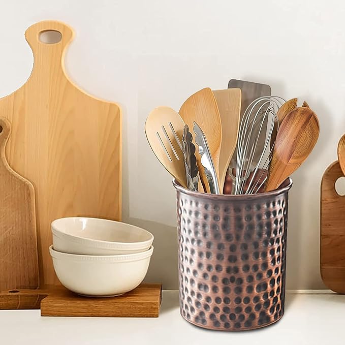 Monarch Abode Kitchen Utensil Holder – Hand Hammered Metal Antique Copper Utensil Holder, Decorative Utensil Crock for Kitchen Counter, Cooking Tool and Spatula Holder for Countertop, Caddy Organizer