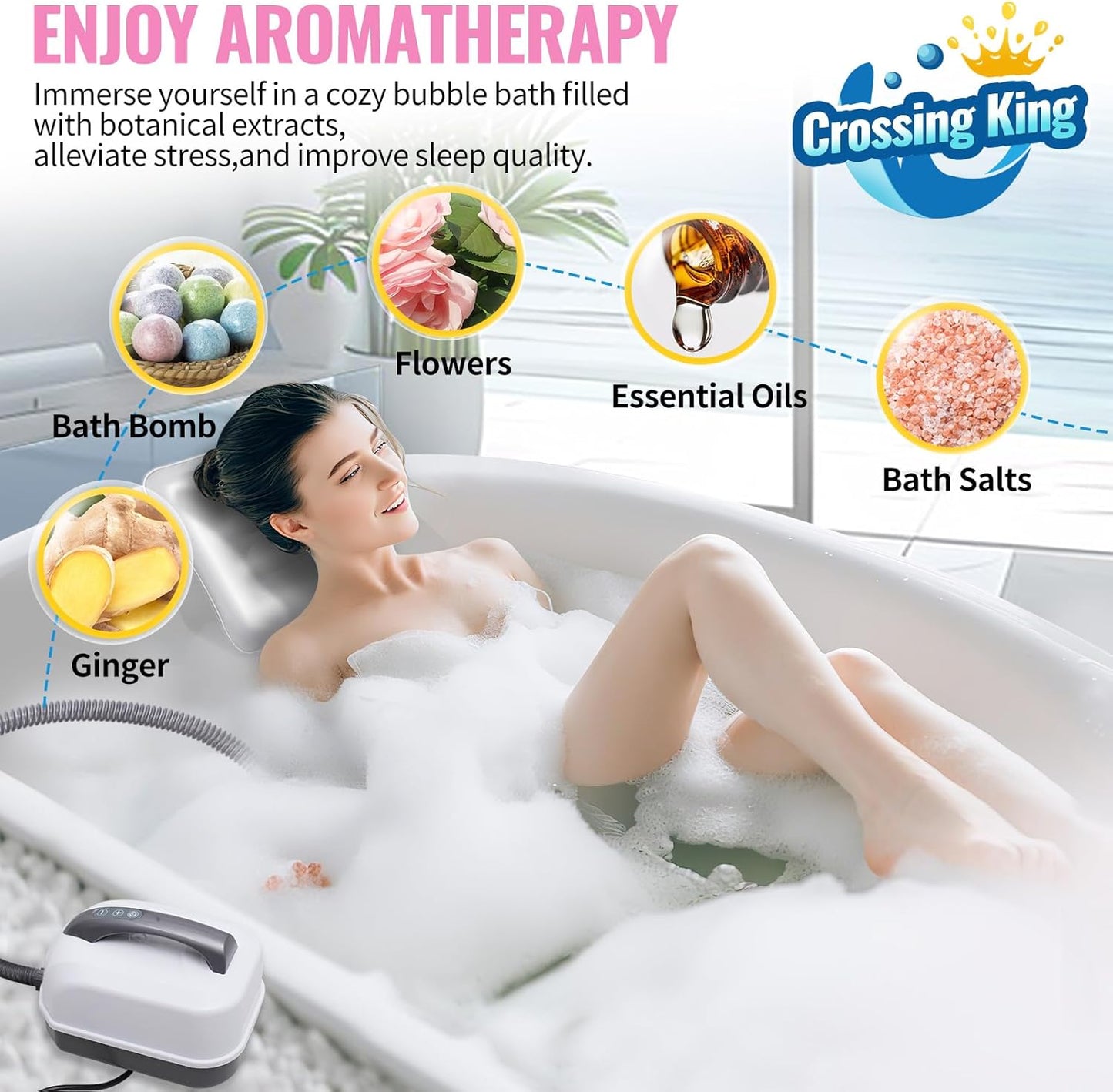 Bubble Bath Mat Tub Spa Massager, Portable Spa Bubble Bath Massager with Upgraded Powerful Suction Cup, Electric Air Pump, Pillow and Remote Control for Relaxation 45 * 17in (Pink)
