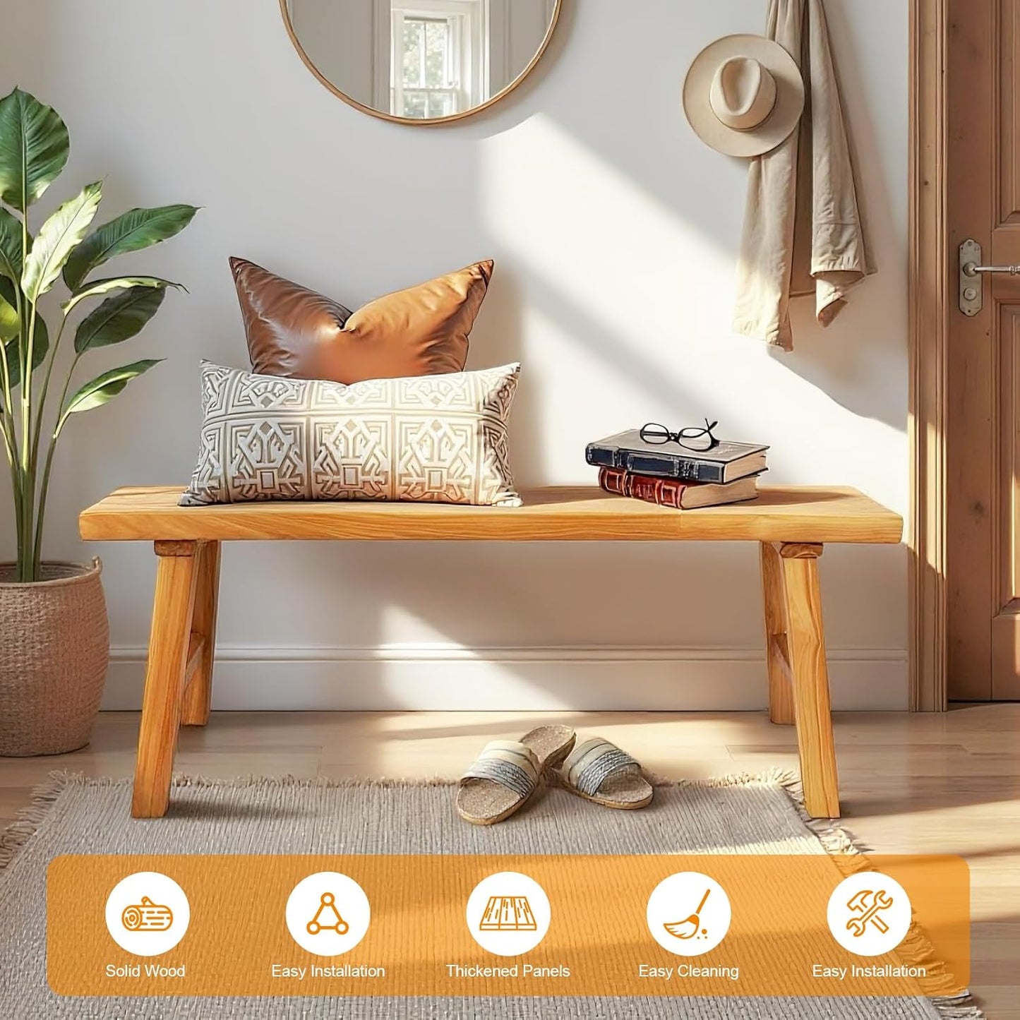 Farmhouse Solid Wood Bench: Long Rustic Indoor Narrow Wooden Bench for Entryway,Living Room, Dining Room,End of Bed,Hallway (31.5" Lx10 Wx18 H)