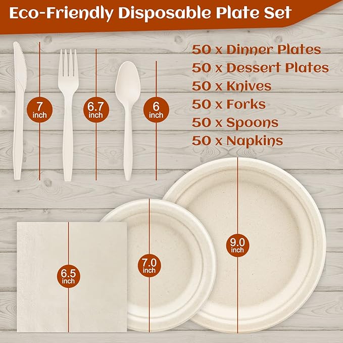 300Pcs Compostable Paper Plates Set, Eco-friendly Heavy Duty Plates & Biodegradable Utensil Include Forks,Knives,Spoons, Napkins, Disposable Dinnerware Set for Party (Brown)