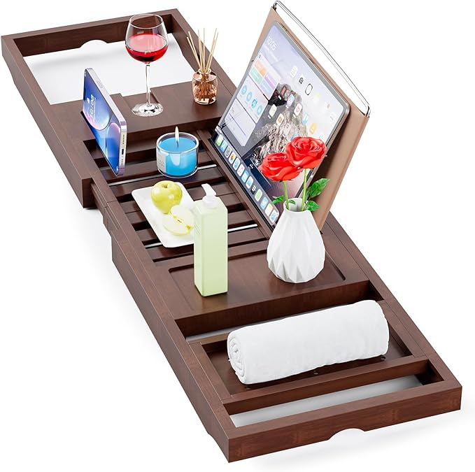 Yirilan Bamboo Bathtub Tray Caddy, 1 or 2 Person Expandable Wooden Bathroom Tray,Bath Tub Table Caddy with Extending, Brown