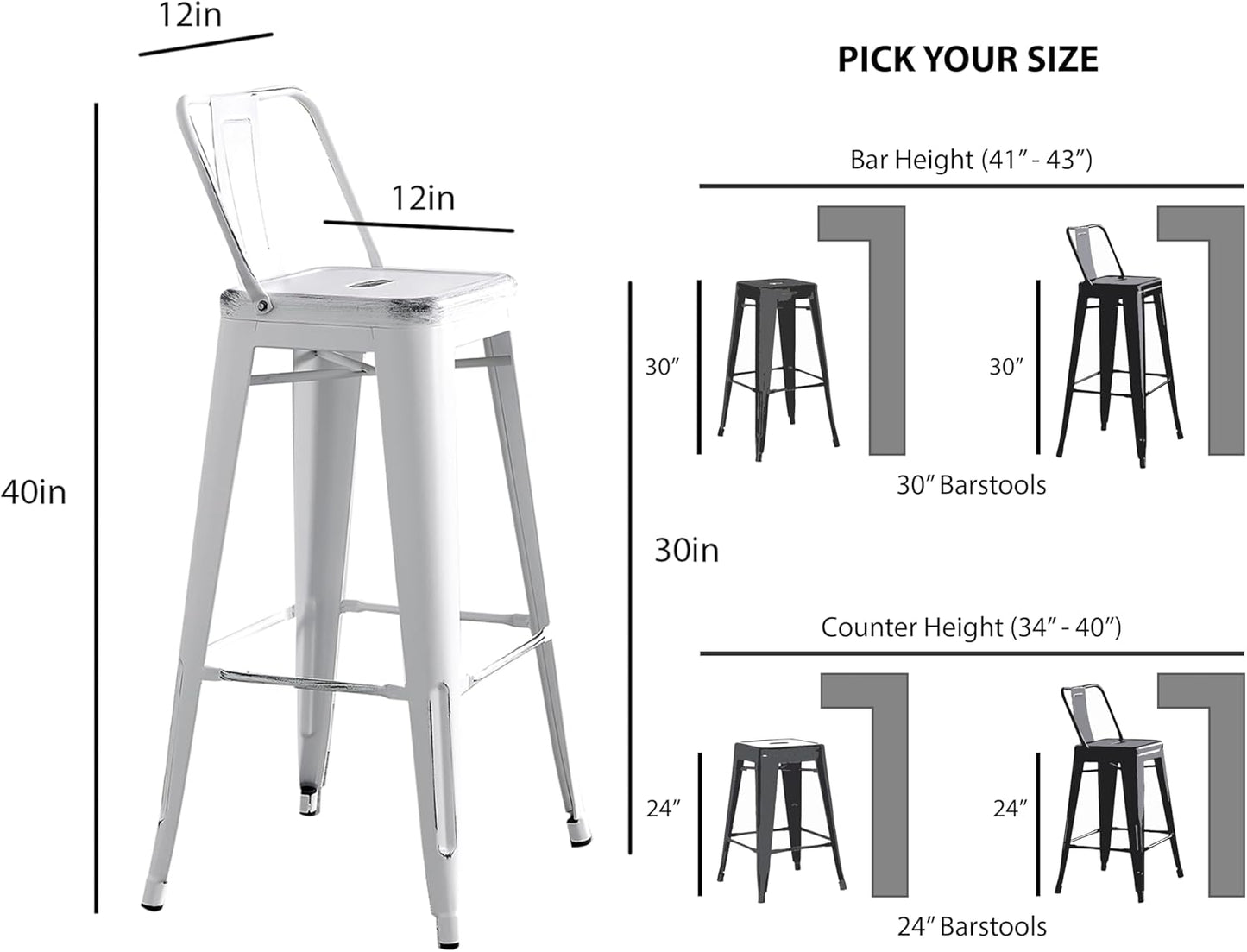 AC Pacific Modern Metal Barstool Set of 2 – Country Rustic Style with Low Back, Lightweight & Sturdy Build, Easy Assembly –, 30" Seat, Distressed White