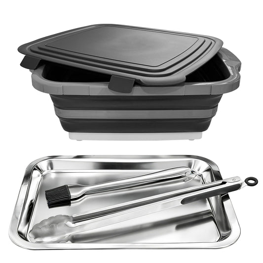Collapsible BBQ Prep Tub with Lid, 4-Piece 16L Foldable Meal Prep & Marinating Container Set with Stainless Steel Tray, Tongs & Brush, Prep Surface for Food Cutting, Kitchen, Camping & Outdoor Cooking
