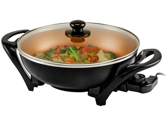 OVENTE Electric Wok with Nonstick Coating, 13 Inch Family-Sized Skillet, 1400W Power, Adjustable Temperature, Tempered Glass Lid