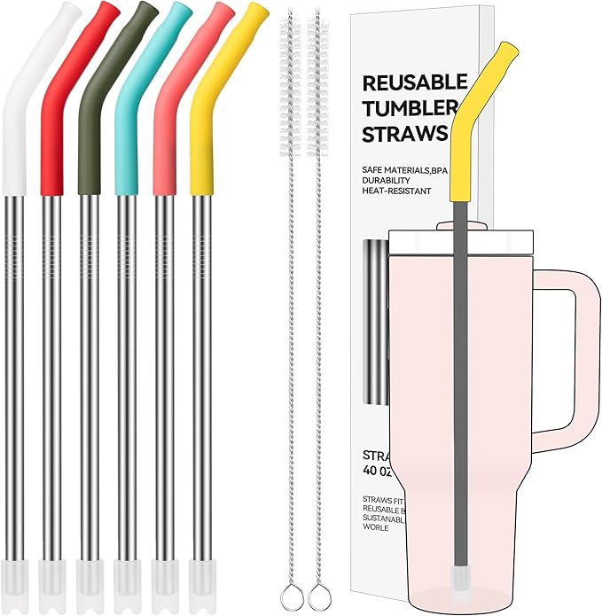 6 Pcs Metal Reusable Straws for 40 oz Tumbler, Stainless Steel Long Drinking Straw with Colourful Silicone Tips,Straw for Glass Cups, Cleaning Brushes Included, BPA FREE