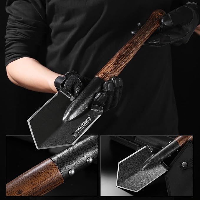MASTIFF GEARS Tactical Survival Shovel - 48.5cm/19in, Axe/Machete Replacement, HRC 42-48 1050 Steel Spade, Hand-Carbonized Hardwood Handle & MOLLE Sheath for Camping Hiking Off-Roading Emergency