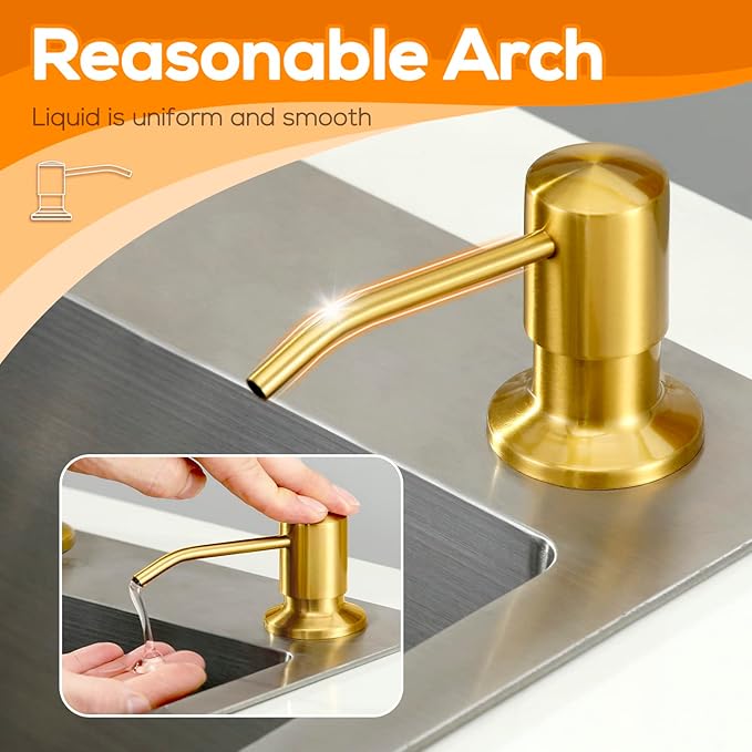 Gold Soap Dispenser for Kitchen Sink, Built in Dish Soap Dispenser Brushed Gold Stainless Steel Pump Head, Counter Soap Lotion Dispenser Refill from The Top with 17 Oz PE Bottle