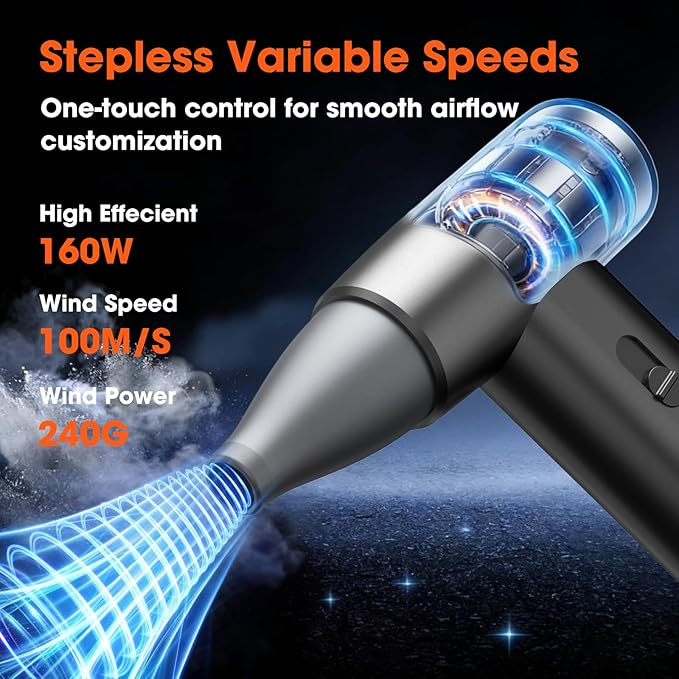 Metal Electric Compressed Air Duster, 300000RPM Brushless Motor with Stepless Speed, Rechargeable Cordless Mini Blower for Computer Keyboard Cleaning, Car Detailing, House and Outdoor Use(Black)