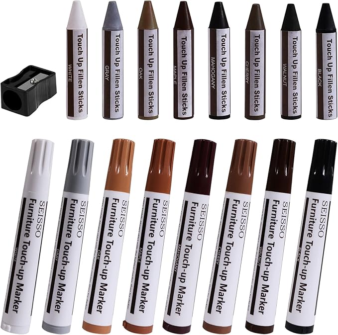 SEISSO Furniture Markers Touch Up - Set of 17 - Furniture Scratch Repair Markers Kit, Wood Touch Up Markers and Wax Sticks with Sharpener, for Scratches, Stains, Floors, Laminate, Cabinet