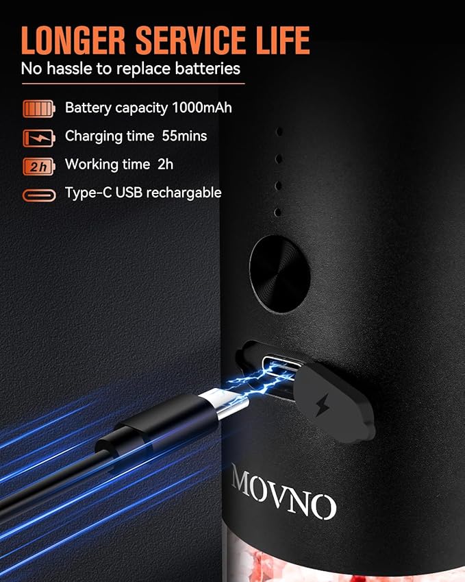 MOVNO Circuit Protection Electric Salt and Pepper Grinder Set With USB Rechargeable Adjustable Coarseness & LED Light, Large Capacity Automatic Electric Salt and Pepper Shakers Mill Set Refillable