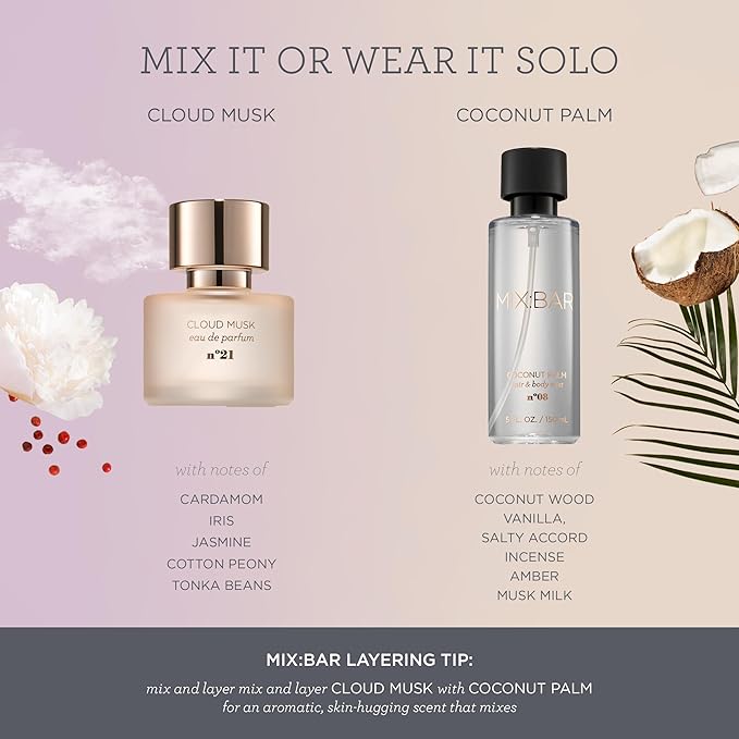 MIX:BAR Coconut Palm Hair + Body Mist, Bedroom Linen Spray - Notes of Coconut Wood, Vanilla, Salty Accord, Incense, Amber, Musk Milk, 5oz