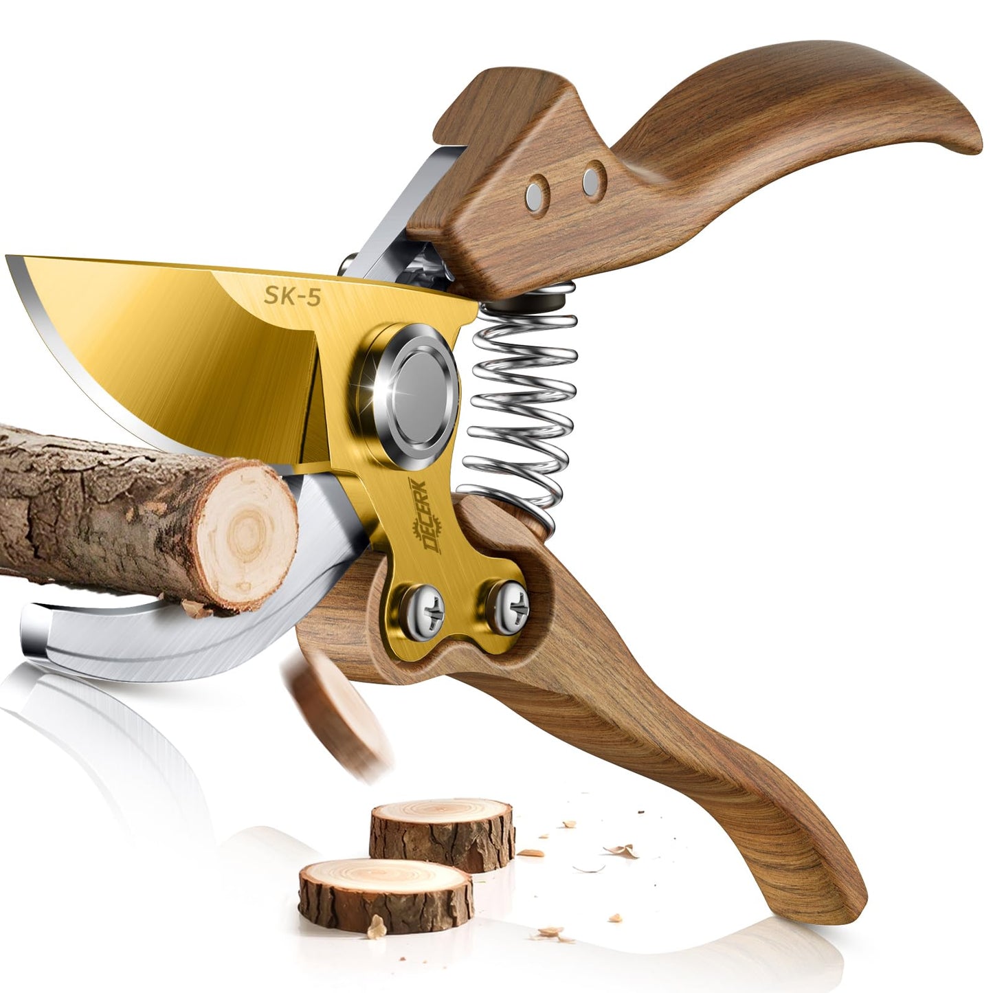 DECERK® 8.5" Premium Bypass Pruning Shears – Wood Grain Finish with Gold Titanium Blade, Japanese SK5 Steel, Balanced Ergonomic Handle for Precise Garden Trimming, Timeless Gardening Companion