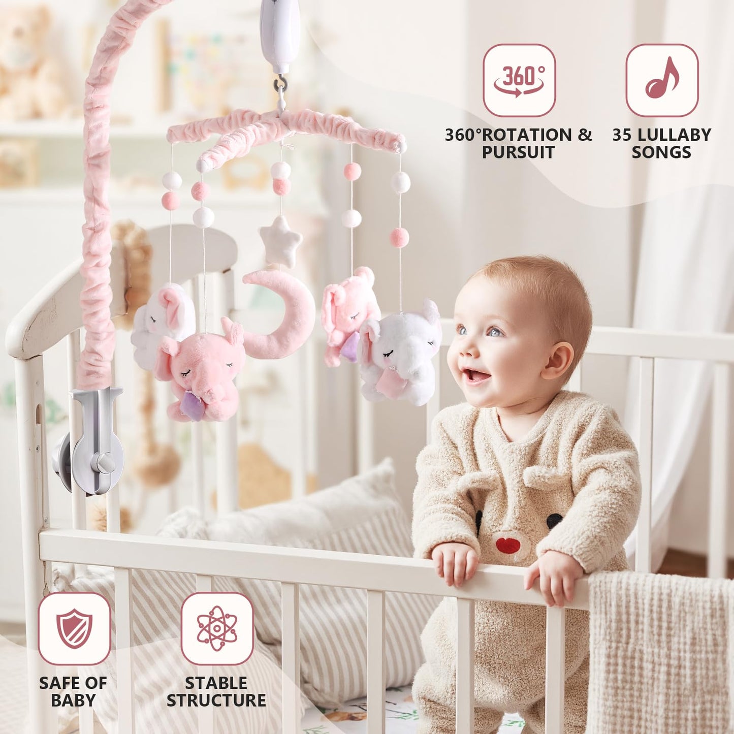 Baby Crib Mobile - Elephant Mobile for Crib with 28 Inches Mobile Arm and 35 Lullabies Musical Box, 3 Modes Digital, Volume Control, Essential Gift for Infant Boys Girls Bedroom Hanging Decor