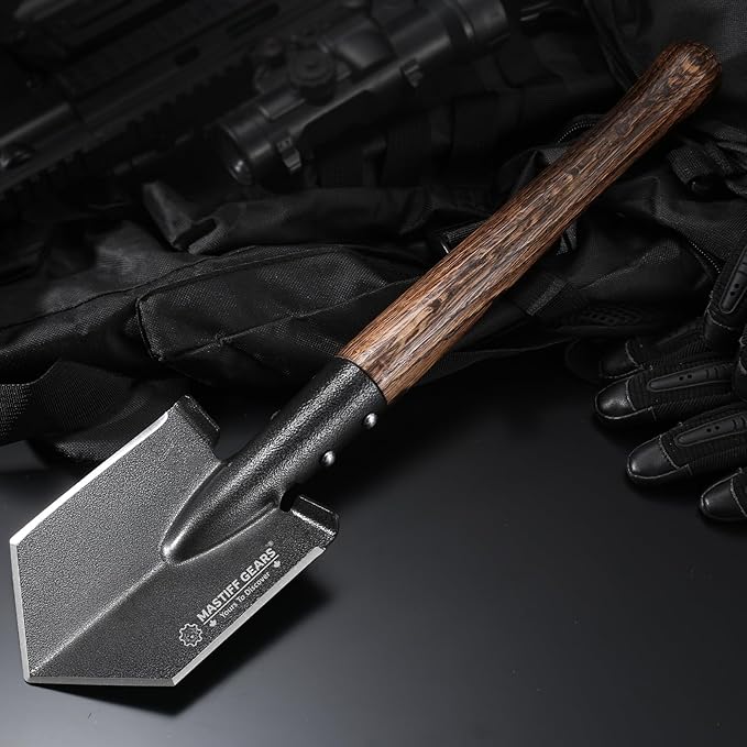 MASTIFF GEARS Tactical Survival Shovel - 48.5cm/19in, Axe/Machete Replacement, HRC 42-48 1050 Steel Spade, Hand-Carbonized Hardwood Handle & MOLLE Sheath for Camping Hiking Off-Roading Emergency