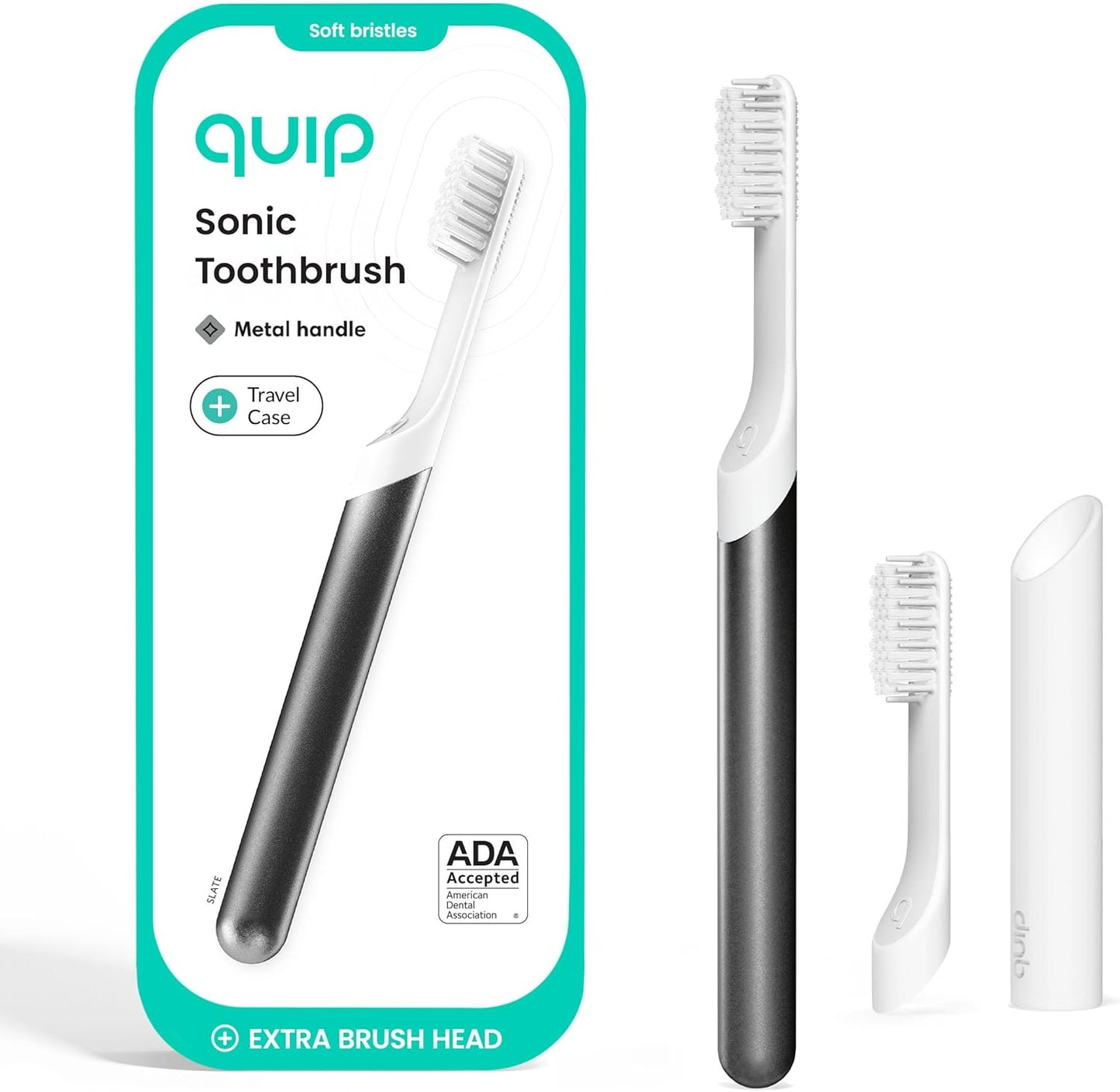 Quip Sonic Toothbrush for Adults with Timer - Includes Extra Brush Head and Travel Cover Mount - Electric, Soft Bristle Refill Head, Metal Handle, 3 Month Battery Life - Travel Toothbrush - Slate
