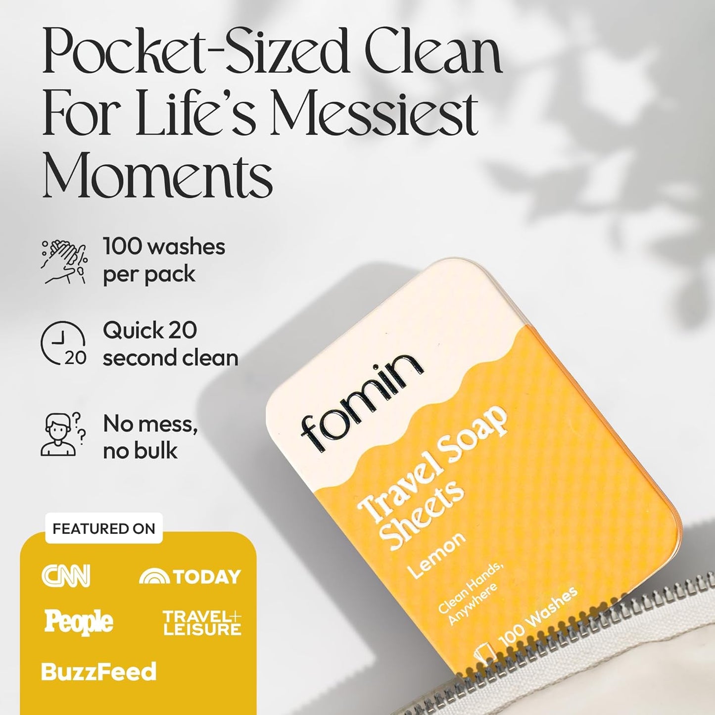 FOMIN - Antibacterial Paper Soap Sheets Tin for Traveling - (100 Sheets) Lemon Portable Travel Hand Soap Sheets, Dissolvable Mini Camping Hand Soap for Hand Washing