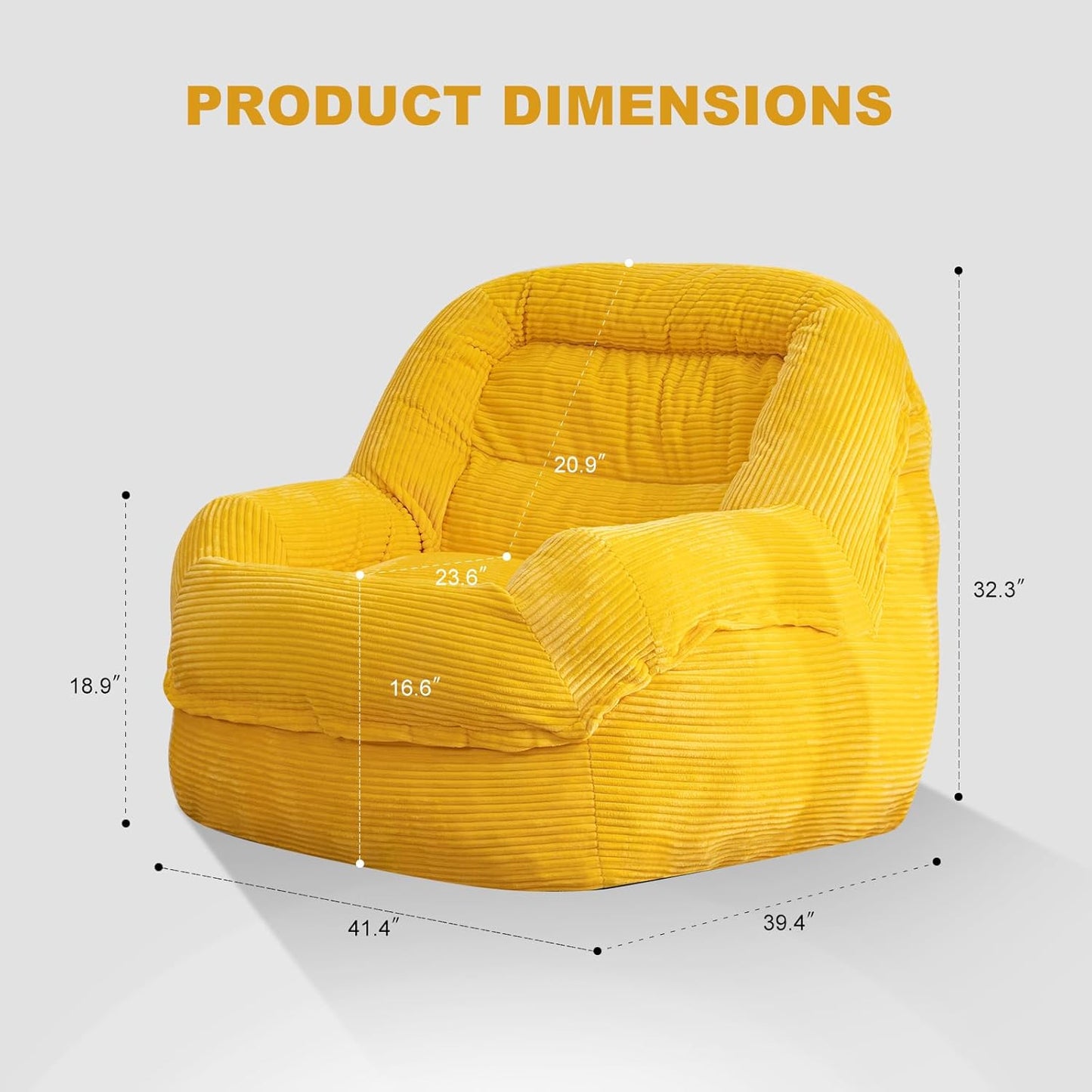 Giant Bean Bag Chair with Armrests - Oversized Cozy Seating for Adults, Corduroy Fabric & High - Density Foam Filling, Ideal Lounge for Living Room, Bedroom & Gaming Room (Corn Yellow)
