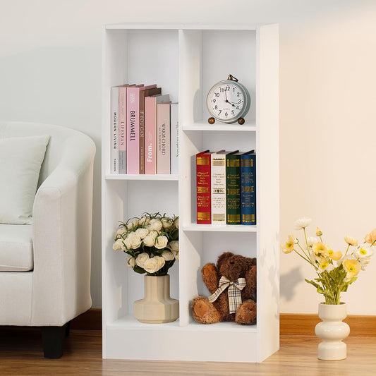 YAHARBO 5 Cube White Bookshelf,Small Modern Horizontal Bookcase,Wood Floor Standing Low Bookshelves Display Storage Cabinet with Base, Short Book Shelf Open Organizer for Bedroom,Living Room,Office