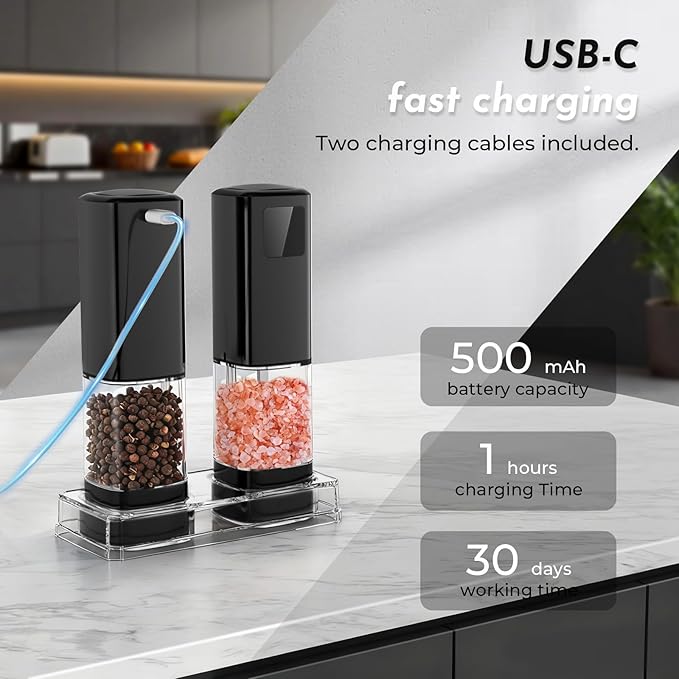 Upgraded Larger Capacity Electric Salt and Pepper Grinder Set Rechargeable with Digital Display, Refillable Electric Pepper Grinder Mill Set with Light & Ceramic Core, Adjustable Coarseness