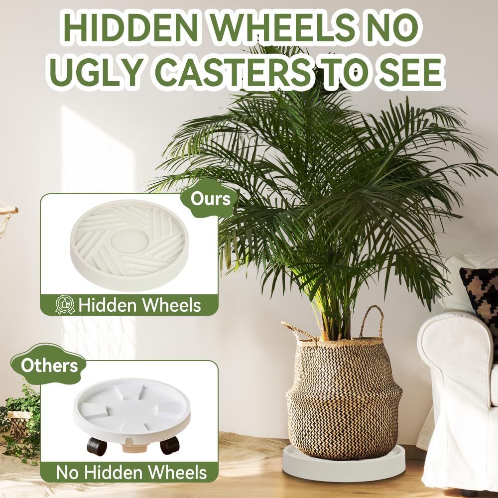 UoeRing 2 Pcs Plant Caddy with Hidden Wheels （1 10" and 1 11"） Heavy Duty Rolling Plant Stand, Indoor Outdoor Plant Saucer Tray with $9.9 Garden Tools (Beige)