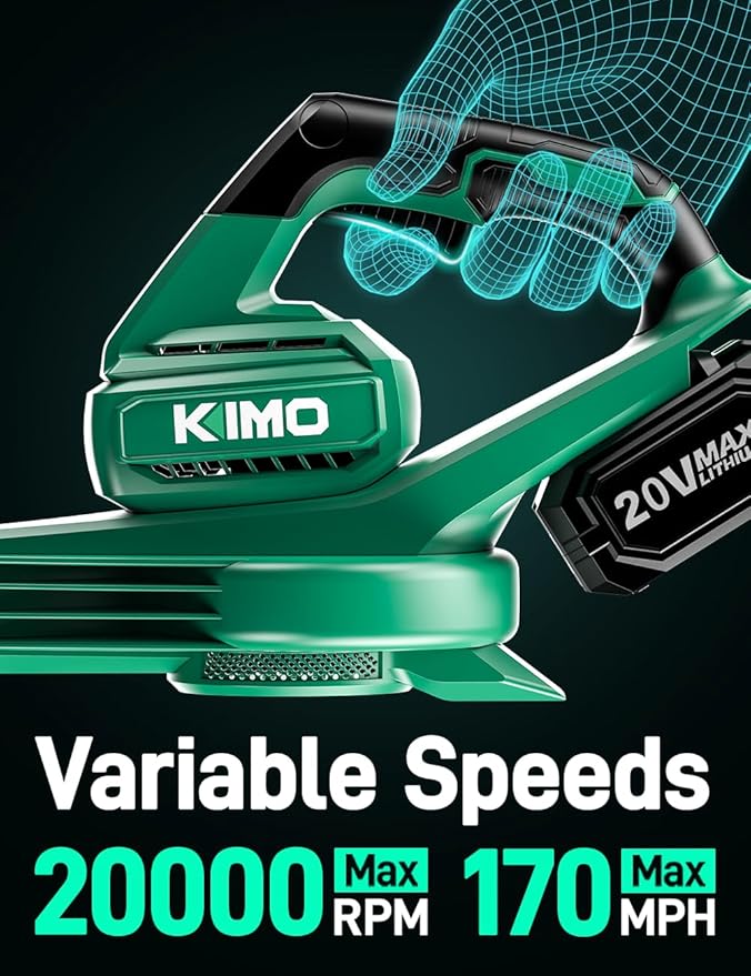 KIMO Leaf Blower Cordless with Battery and Charger, 2 Pack Batteries, Extension Tube, 20000 RPM Variable Speed, Lightweight Cordless Leaf Blower, Battery Operated Leaf Blowers for Lawn Care and Patio