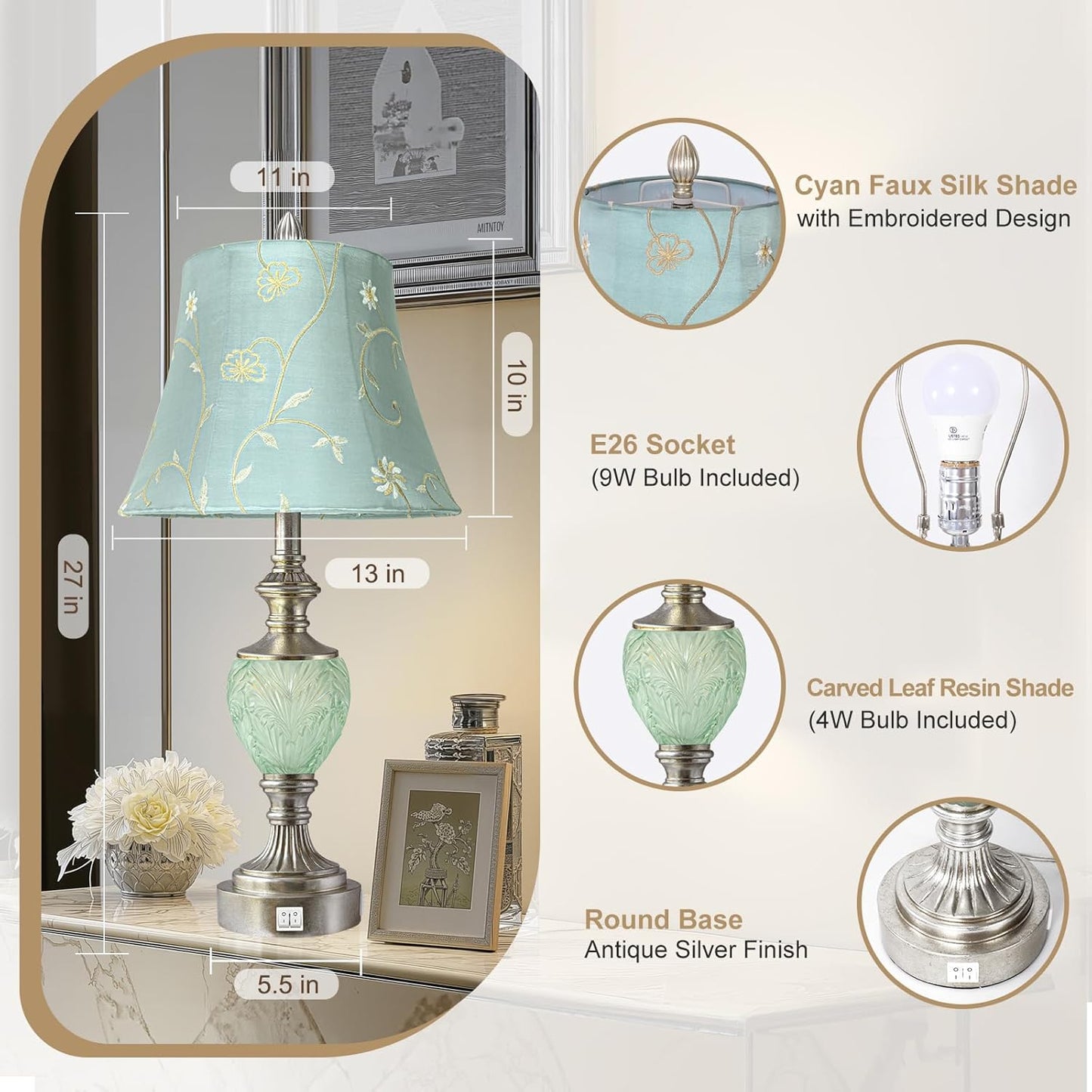 Bedside Table Lamp Set of 2 with Nightlight and USB A+C Ports, 27'' High Vintage Table Lamps with Silver Leaf Finish and Embroidered Shade, Nightstand Lamps Decor for Bedroom Living Room Home Office