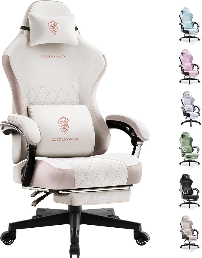 Dowinx Gaming Chair with Pocket Spring Cushion, High Back Ergonomic 360° Swivel Chair for Office Gaming, Massage Lumbar Support with Footrest for Adults, 300LBS Capacity, Beige for Office Gaming