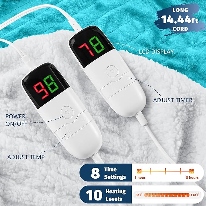 Heated Electric Blanket King Size - 90" x 100" Heating Blanket with Dual Control, 10 Heating Levels & 8 Hours Auto Off, Soft Warm Flannel Blanket, Christmas Birthday Gifts for Senior Grandma