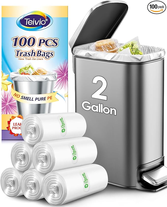 2 Gallon 100 Counts Strong Trash Bags Garbage Bags by Teivio,Small Waste Basket Liners,Bathroom Trash Can Bin Liners, Plastic Bags for home office kitchen Car, Clear