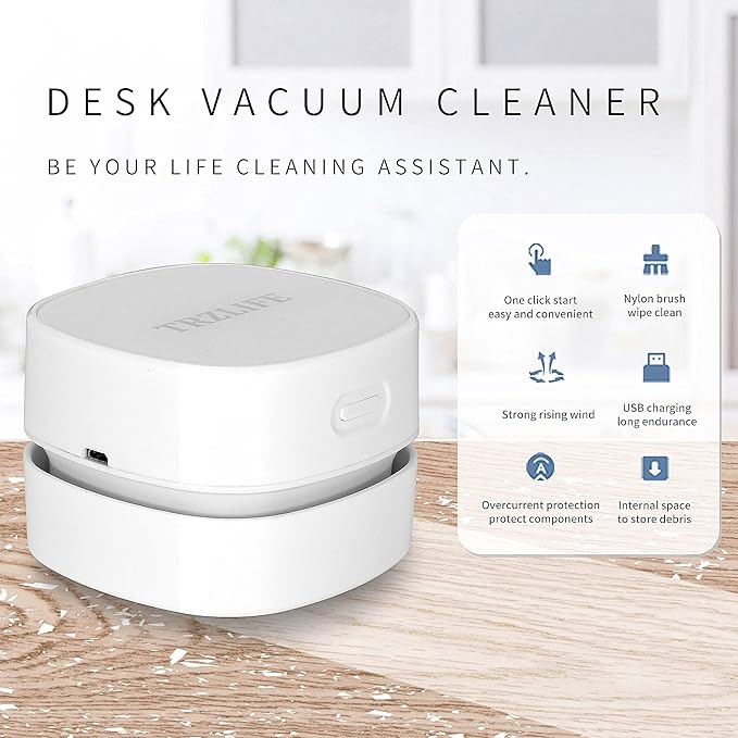 TRZLIFE Desk Vacuum Cleaner, Rechargeable and Durable Mini Desktop Vacuum with Bonus Accessories Desk Cleaner Sucks Tiny Items and Crumbs from Desktop Drawer Countertop Ideal as a White Elephant Gift