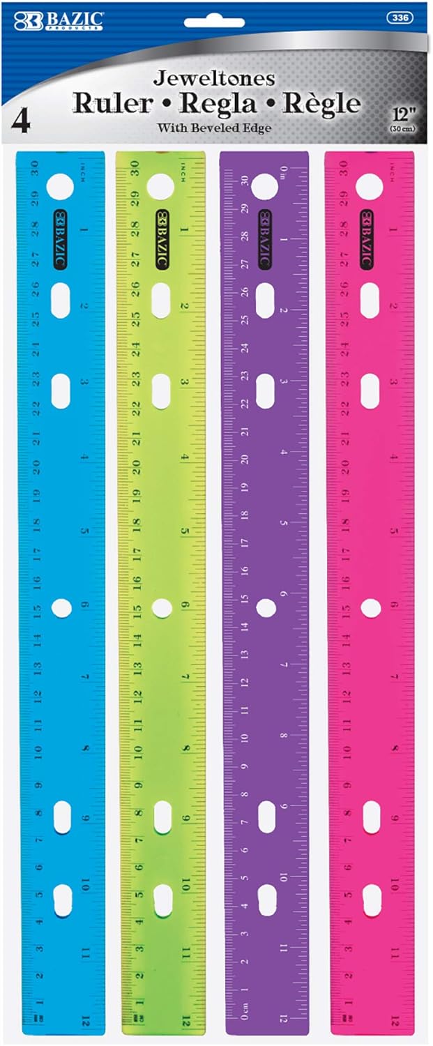 BAZIC Products Jeweltones Color Plastic Ruler 12" (30cm), Inches Centimeter Metric Measuring Drafting Rulers, for Students School Supplies (4/Pack), 1-Pack