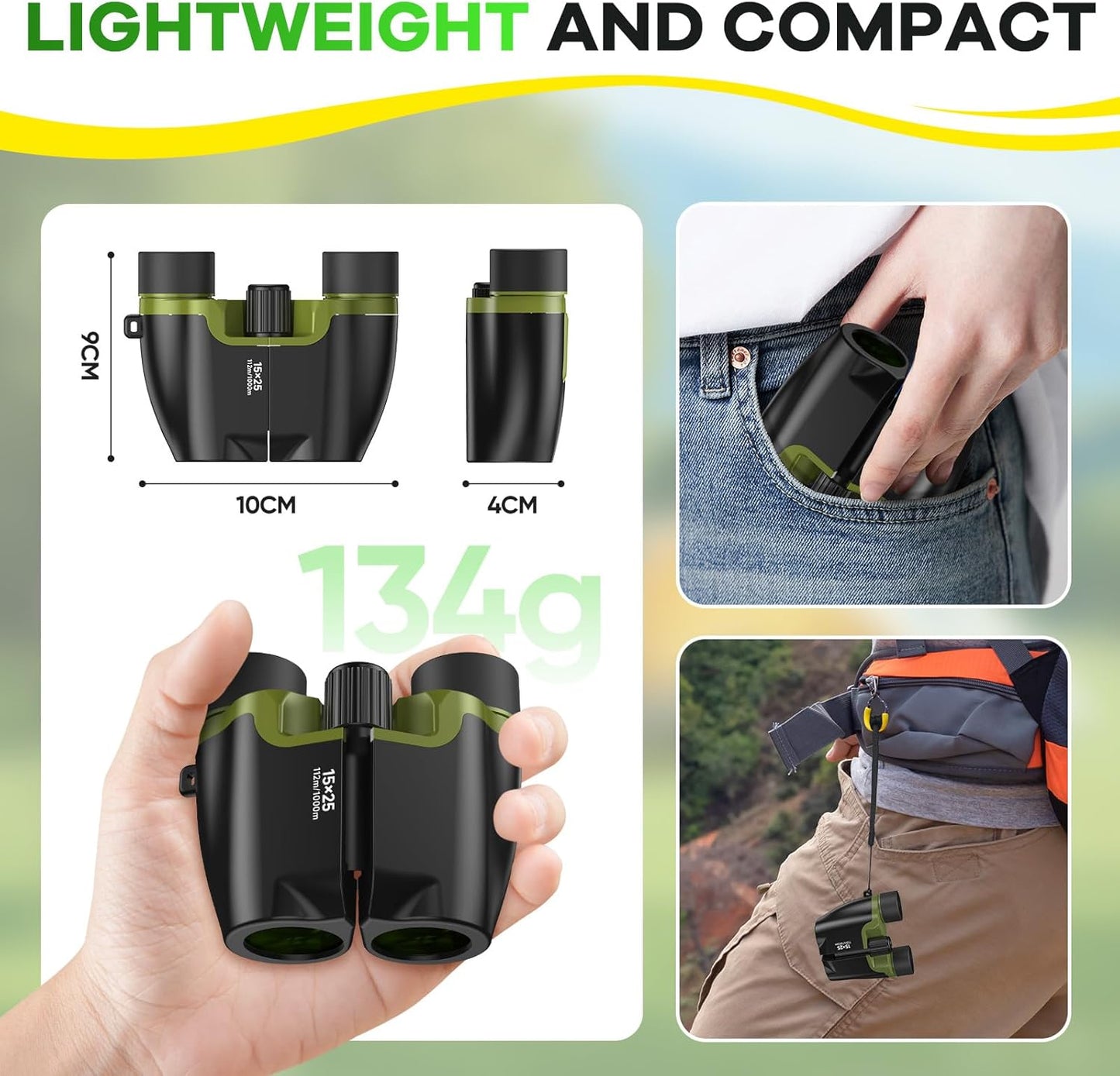 High Powered 15x25 Compact Binoculars for Adults&Kids with BAK4 Prism,FMC Lens,Waterproof Binocular with Low Light Vision,Small Binoculars for Cruise Ship/Bird Watching/Theater/Travel/Sightseeing