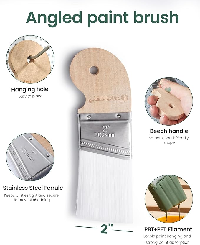 Voomey 2 Inch Angled Paint Brush for Trim, Walls, Furniture, and Wood Stain with Beech Wood Handle and Stainless Steel Ferrule