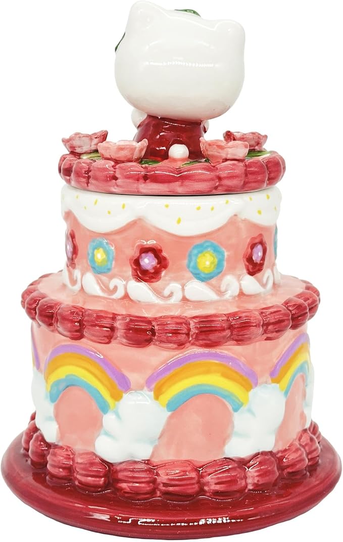 Blue Sky Clayworks Hello Kitty Cake Cookie Jar, Ceramic, 6.75" L x 6.75" W x 9.25" H, Rainbow Layer Treat Keeper