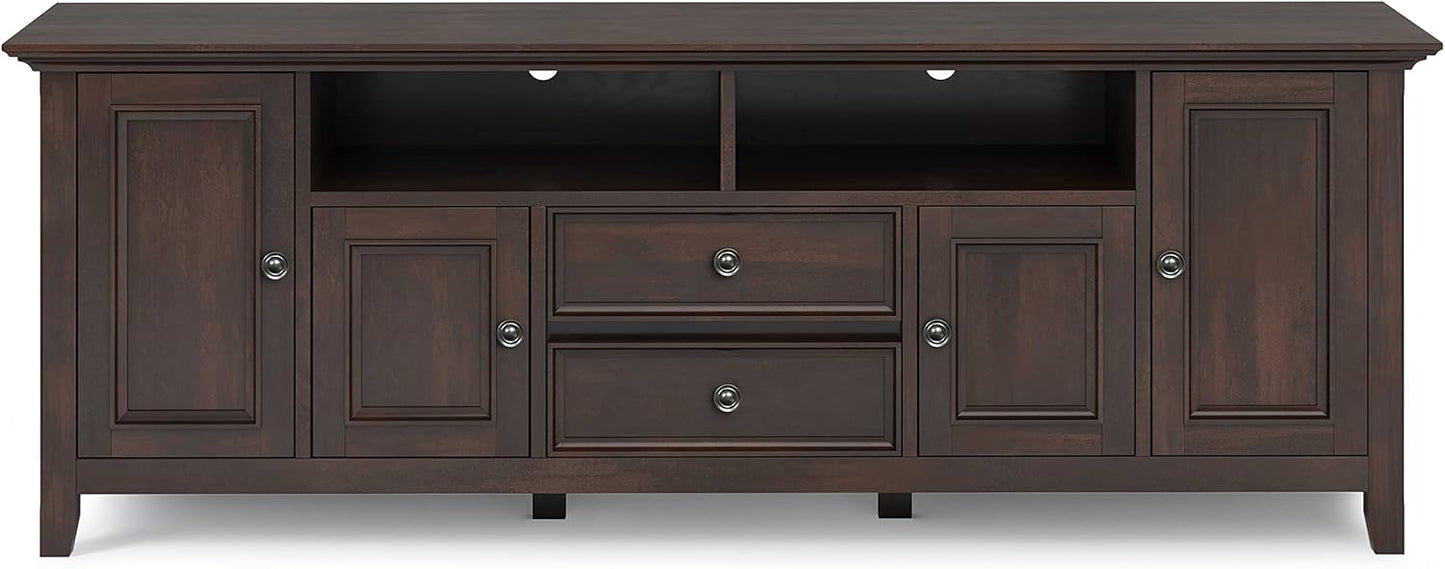 SIMPLIHOME Amherst 72-inch Wide Solid Wood TV Stand in Brunette Brown, Transitional-Style Media Console for Living Room with Cable Management and Adjustable Shelves, Fits 80" TVs