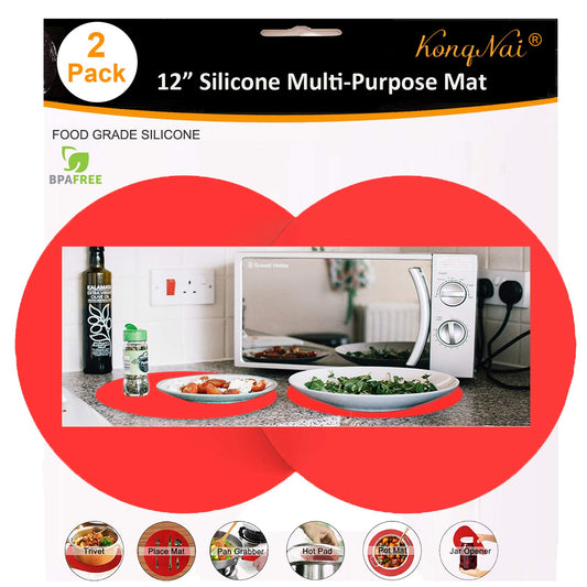 Silicone Microwave Mat 12 Inch, Non Stick Turntable Safe Baking Mat for Kitchen, Multi-Purpose Heat Resistant Oven Mat 2 Pack, BPA Free Microwave Splatter Cover (Red)