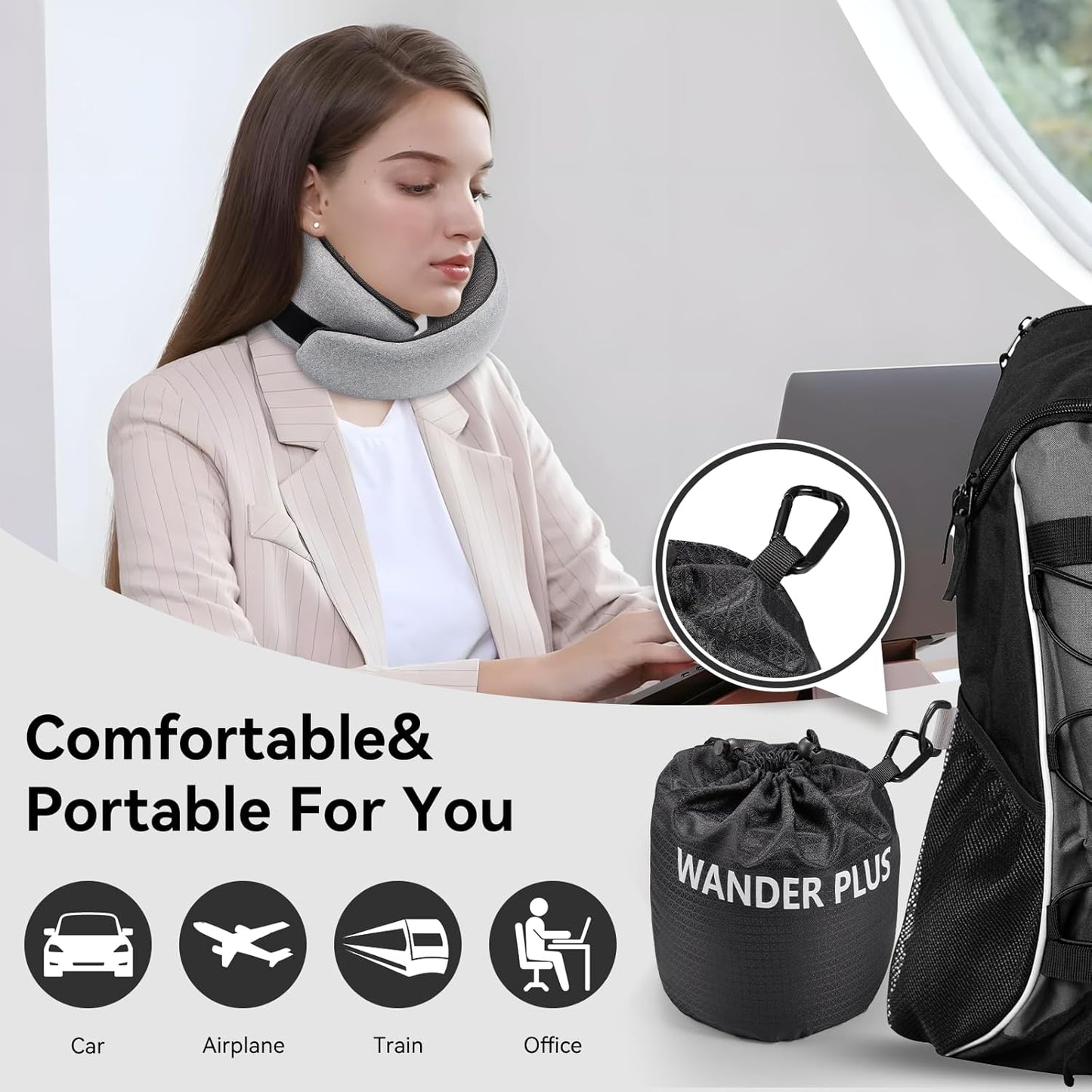 WANDER PLUS® Genuine Travel Pillow, 100% Pure Memory Foam Neck Pillow for Airplanes, Comfortable Breathable Cover, 360° Support Stowable Pillows for Sleeping, Car, Airport Travel Essentials Sky Blue
