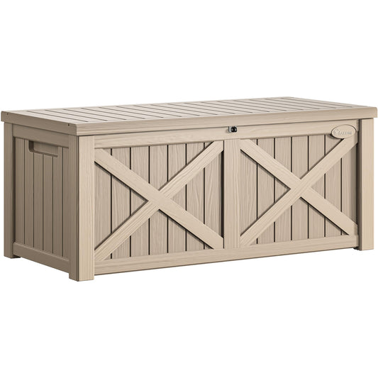YITAHOME 150 Gallon Large Deck Box with X-Shaped Front, Resin Outdoor Storage Boxes, Waterproof Cushion Storage Bench for Patio, Pool Supplies, Garden Tools - Lockable, Taupe