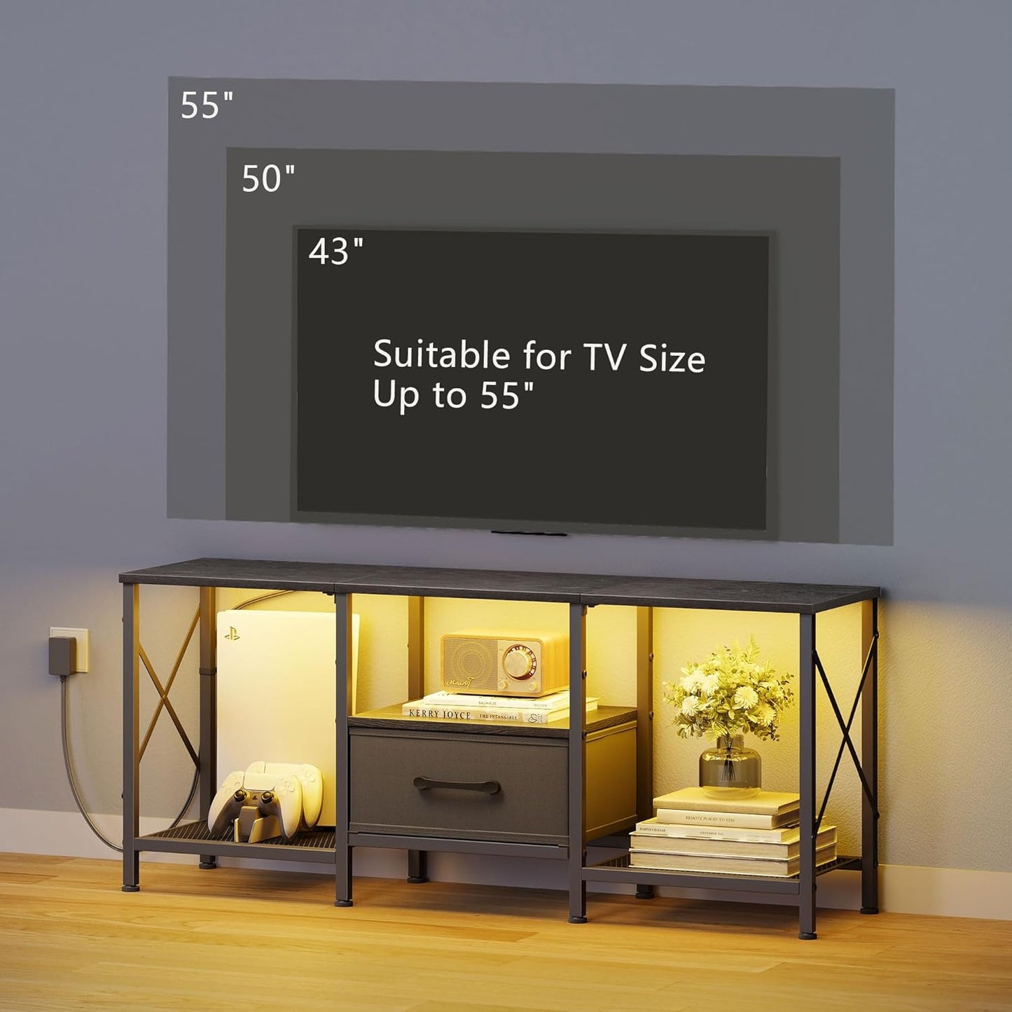 LED TV Stand with Fabric Drawer, Entertainment Center for 50 55 Inch TV, Industrial TV Console Table with Open Storage Shelves for Living Room, Bedroom, Black