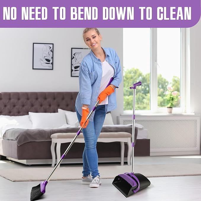 Broom and Dustpan Set, Long Handle Lightweight Dustpans with Broom Combo for Home Sweeping for Room Kitchen Office Purple