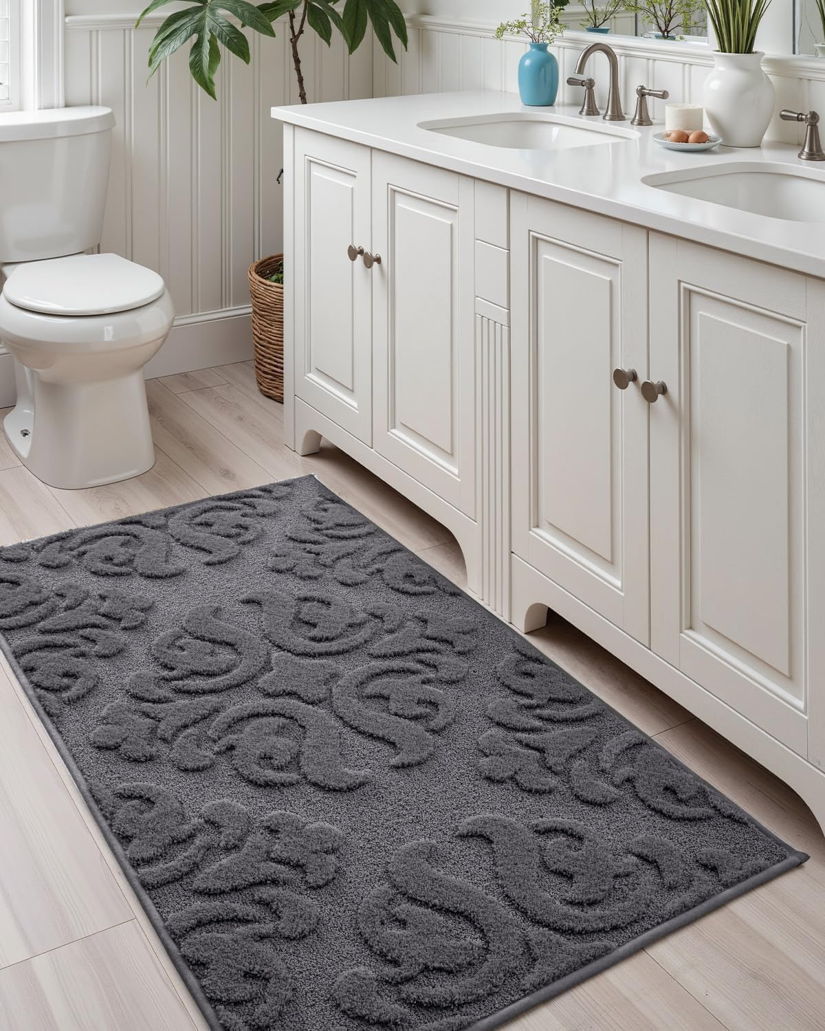 DEXI Bathroom Rug 24x36, Non Slip Washable Bath Mat for Shower Floor, Absorbent Soft Bathmat with Rubber Backing, Plush Fluffy Microfiber Floral Retro Carpet, Dark Grey